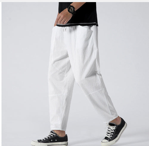Cropped Pants Men's Loose Plus Size Cotton And Linen