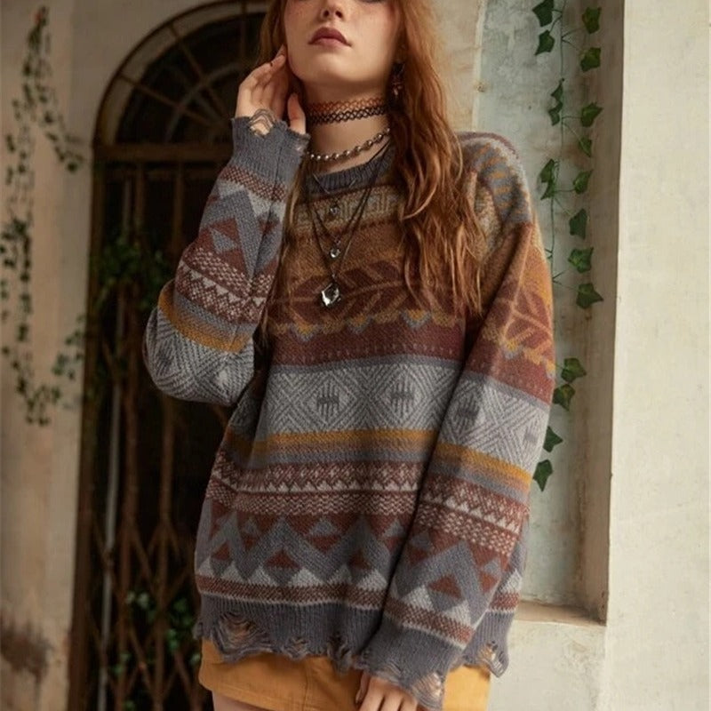 Geometric Pattern Hole Knitted Long Sleeve Sweater