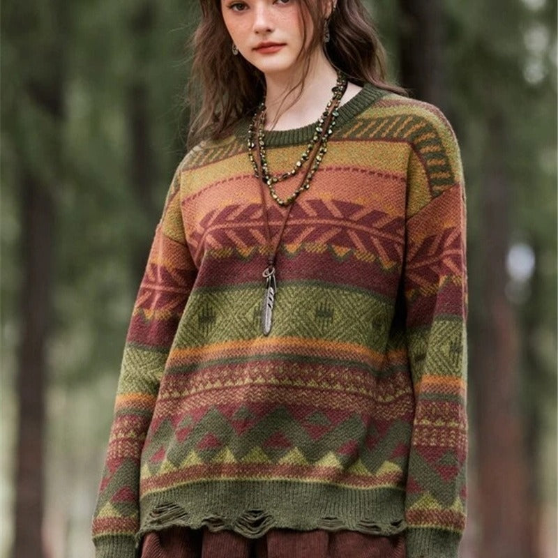 Geometric Pattern Hole Knitted Long Sleeve Sweater