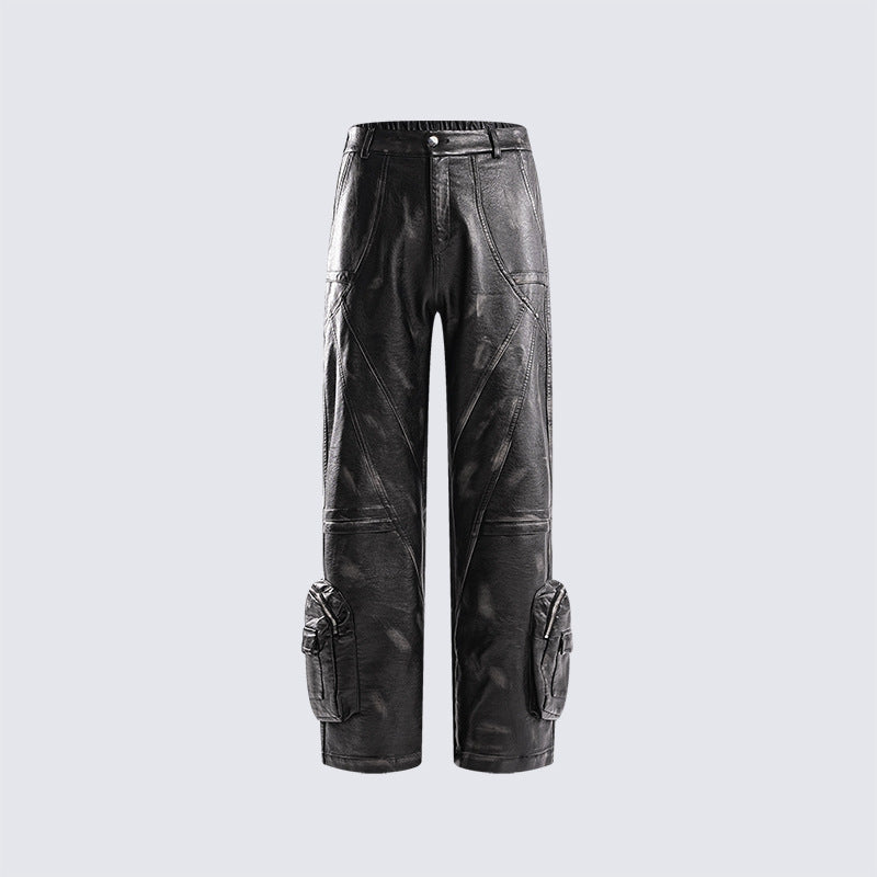 High Waist Loose Leather Overalls Casual Straight-leg