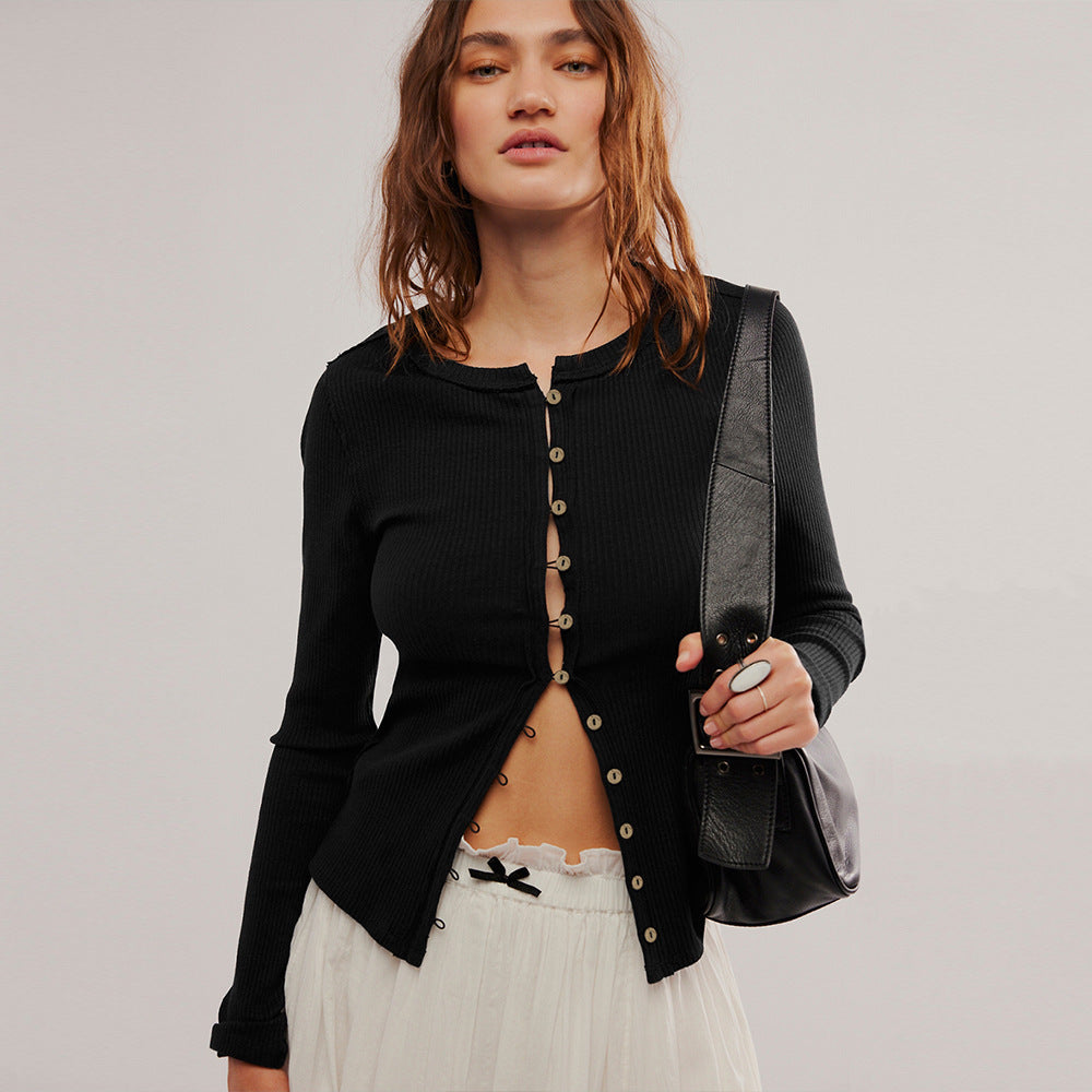 Round Neck Button Rib Solid Color Autumn and Winter Warm Cardigan Jacket for Women