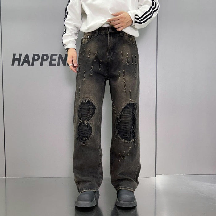 Loose Wide Leg Blue Washed Jeans for men