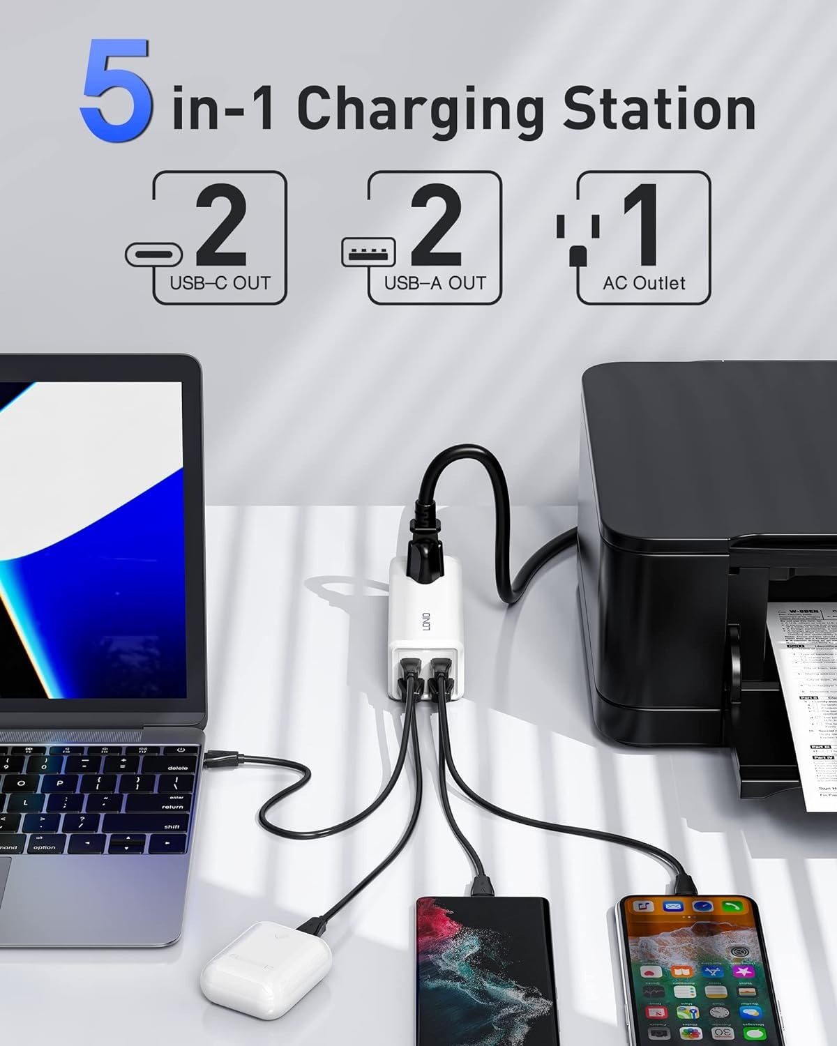 USB C Charger, MANTO 65W 5-in-1 GaN USB Charging Station, Super-Fast Charger With 2 USB C Ports, 2 USB Ports And 1 Outlet, USB C Power Strip