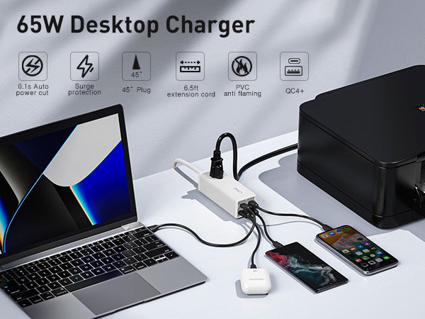 USB C Charger, MANTO 65W 5-in-1 GaN USB Charging Station, Super-Fast Charger With 2 USB C Ports, 2 USB Ports And 1 Outlet, USB C Power Strip