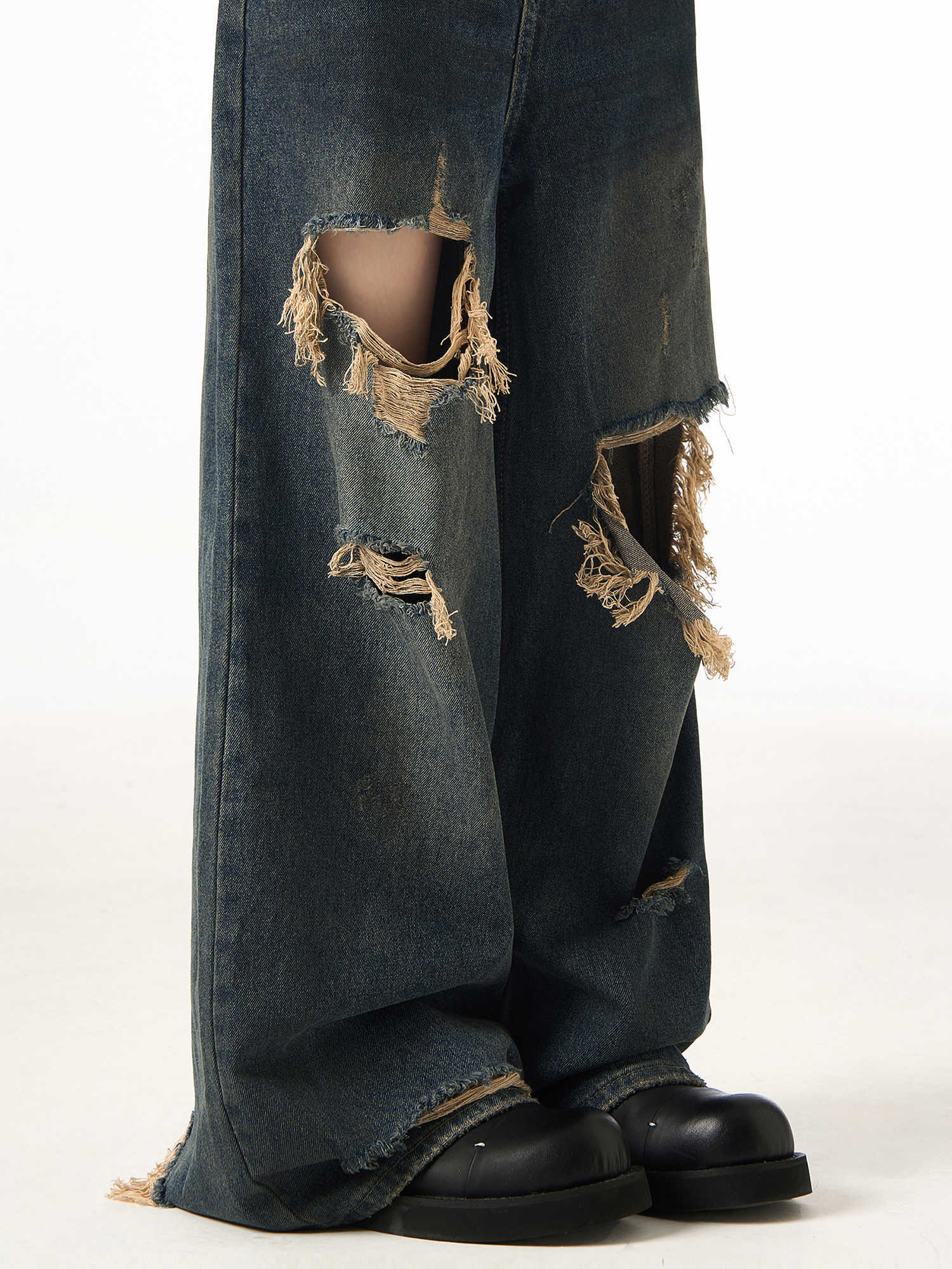 Couple Hole Worn Jeans Wide-leg Pants for men
