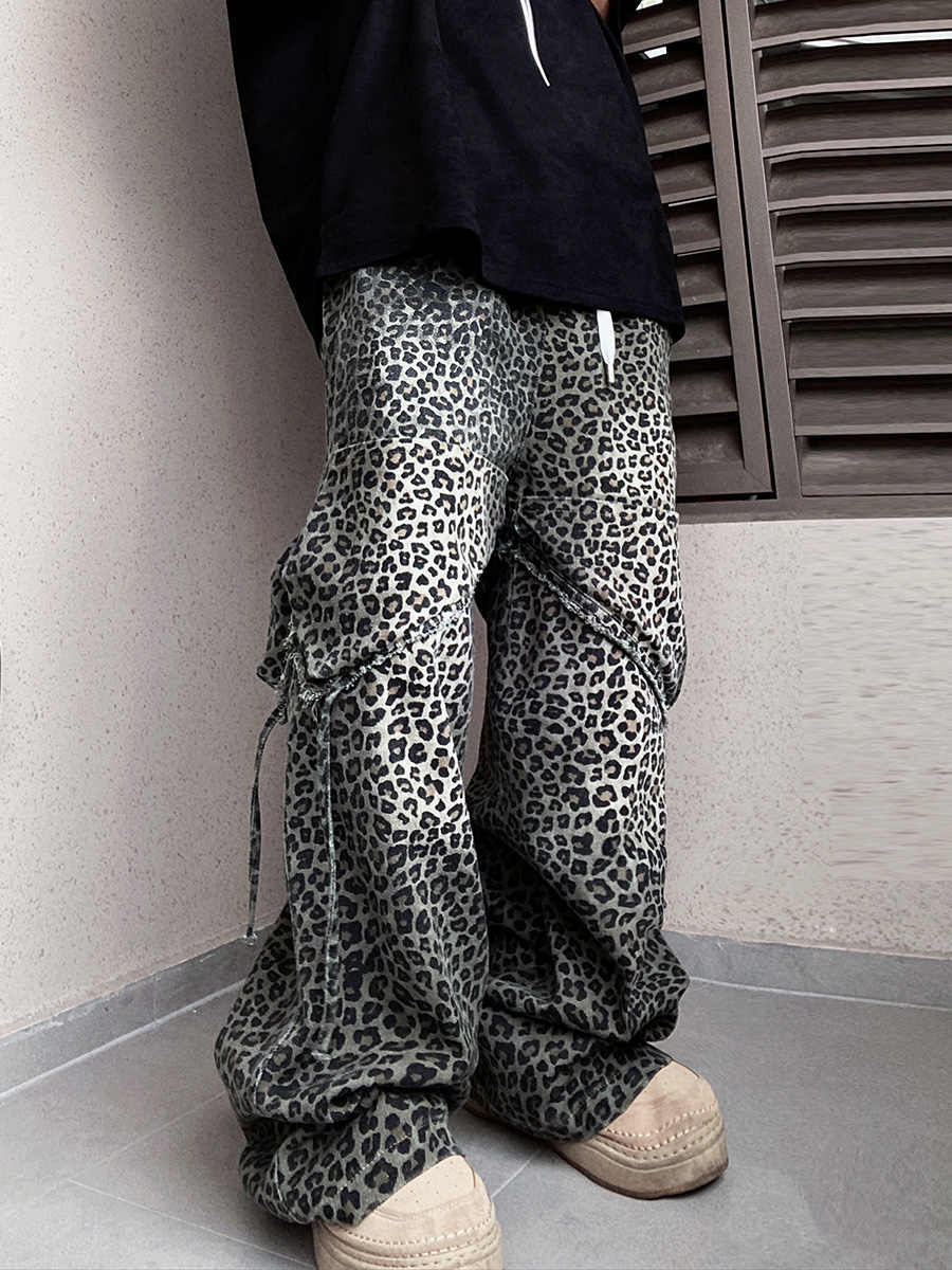 Loose Straight Slightly Flared Workwear Casual Wide Leg Mopping Leopard Jeans for men