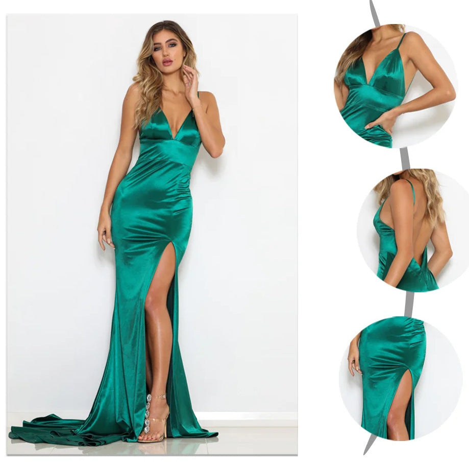 Women V-neck Split Banquet Evening Company Annual Meeting Dress