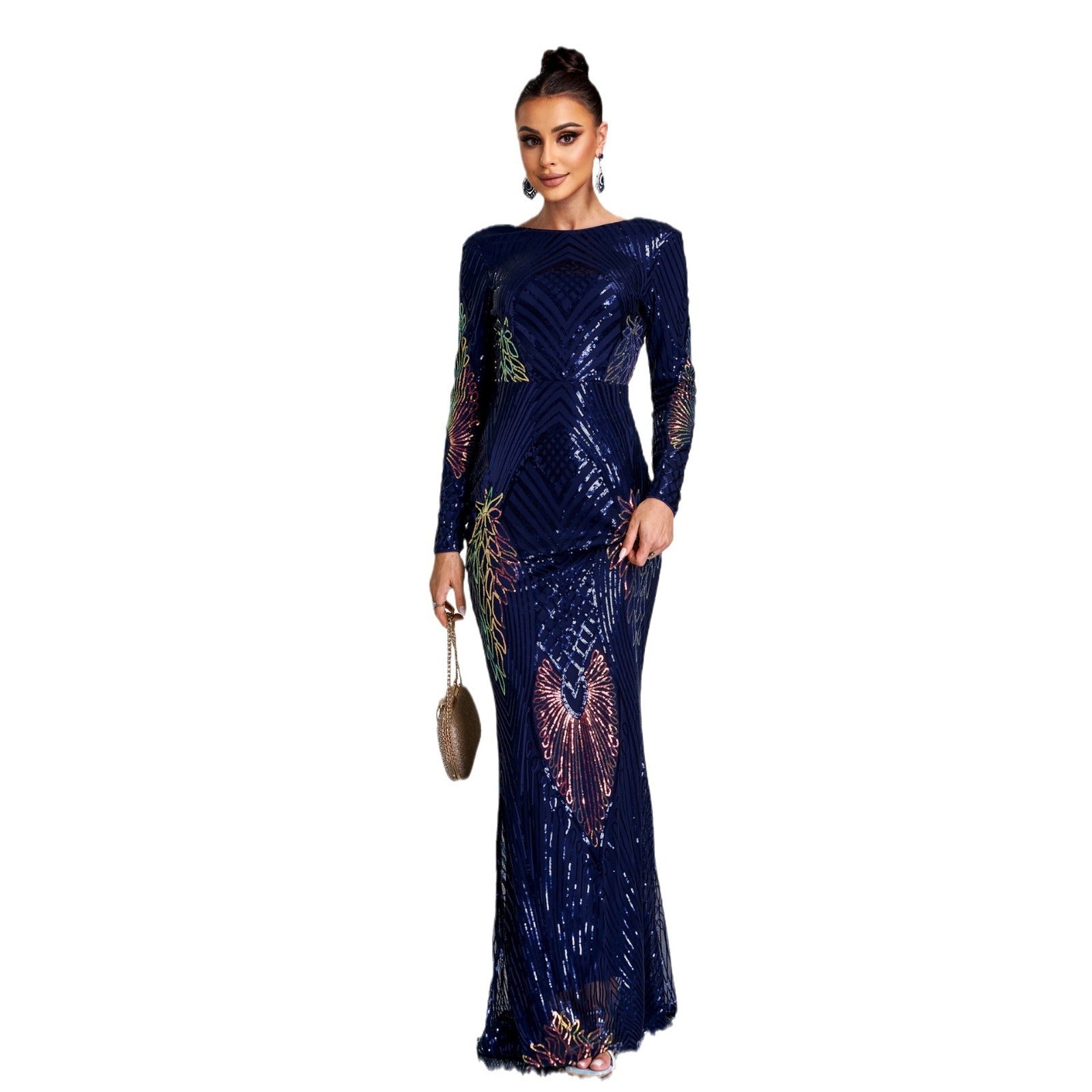 Women Long Sleeve Temperament Crew Neck Sexy Long Sequined Banquet Evening Dress