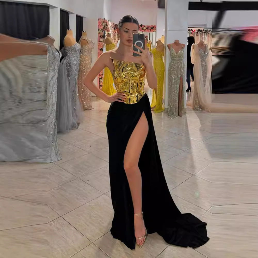 women One-shoulder Leather Top Slit Mop Black Dress Two-piece Set Sexy Lacing Backless Light Dress