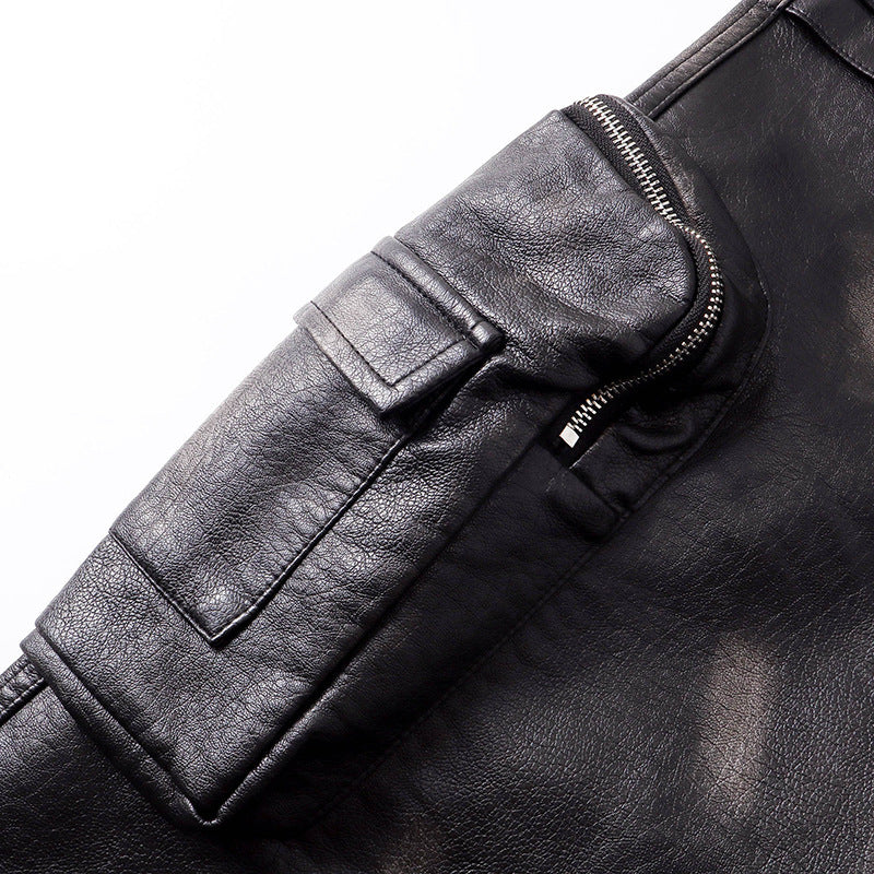High Waist Loose Leather Overalls Casual Straight-leg