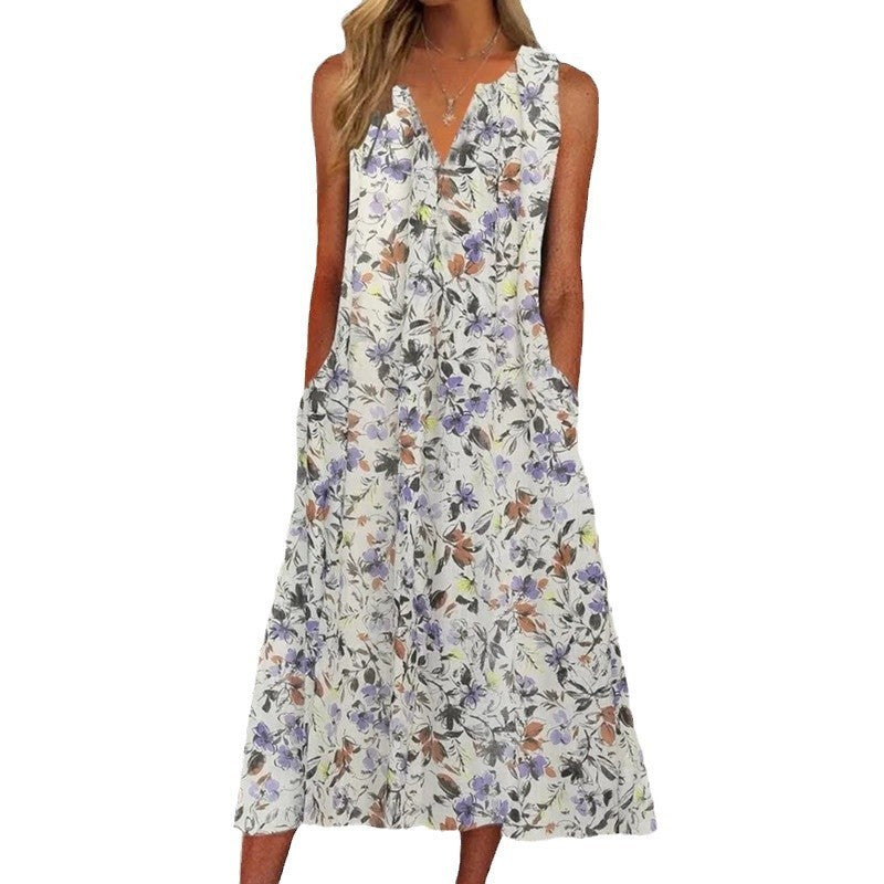 V-neck Floral Long Loose Sleeveless Women's Clothing Dress