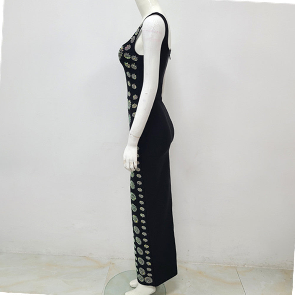 Black Sleeveless U-neck Rhinestone Elegant Slim Bandage Dress Evening Dress