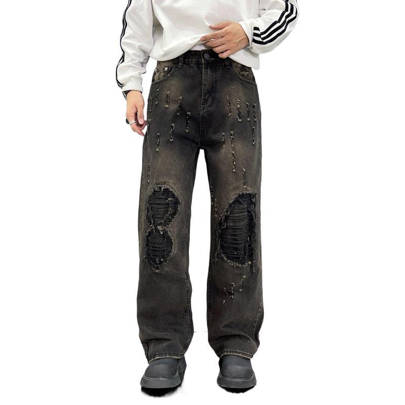 Loose Wide Leg Blue Washed Jeans for men