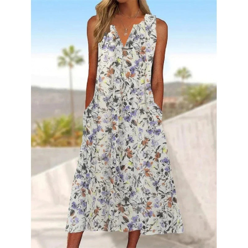 V-neck Floral Long Loose Sleeveless Women's Clothing Dress