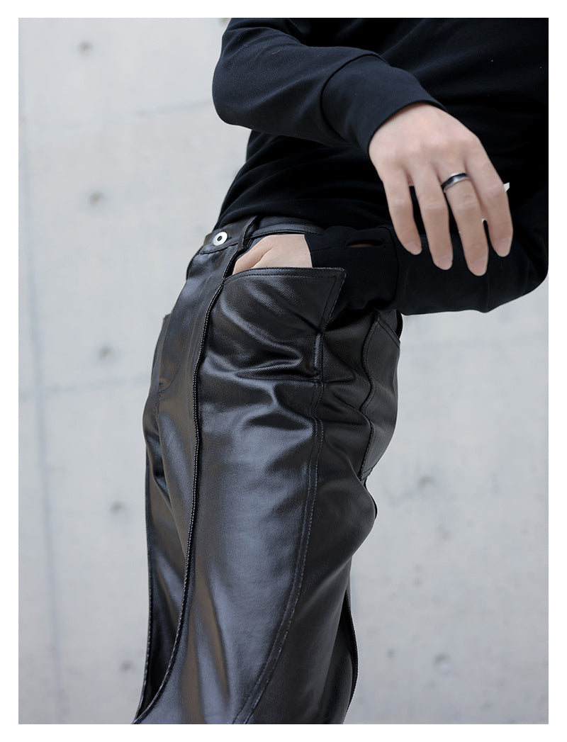 3D Cutting Spiked Coated Wax Surface Denim Casual Flared Pants for men