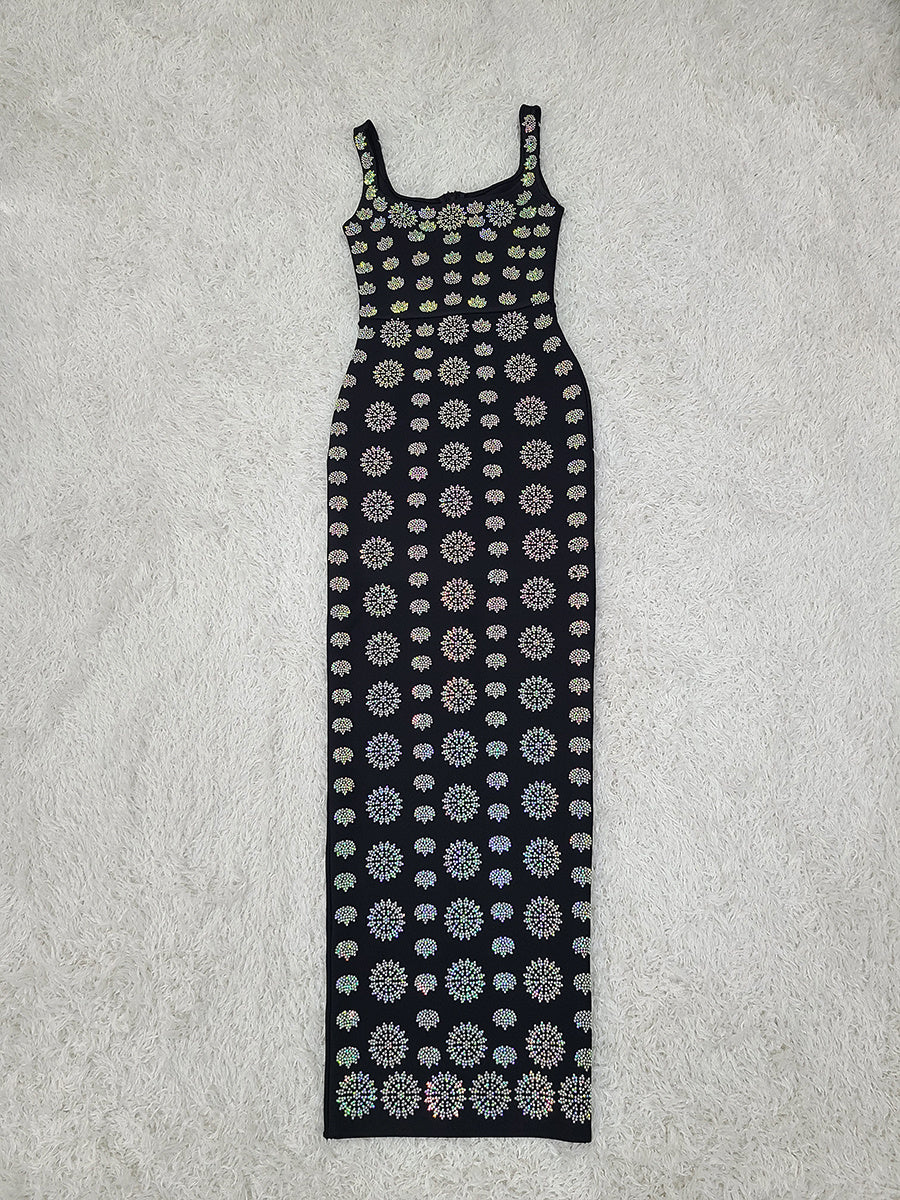 Black Sleeveless U-neck Rhinestone Elegant Slim Bandage Dress Evening Dress