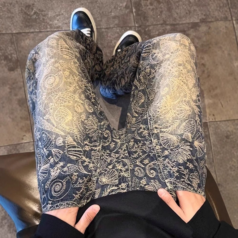American-style Retro Blue Jacquard Jeans for men