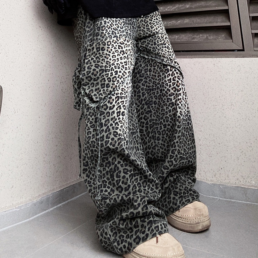 Loose Straight Slightly Flared Workwear Casual Wide Leg Mopping Leopard Jeans for men