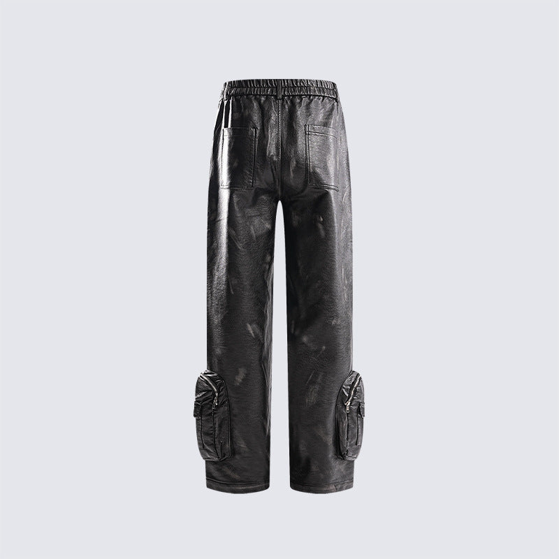 High Waist Loose Leather Overalls Casual Straight-leg