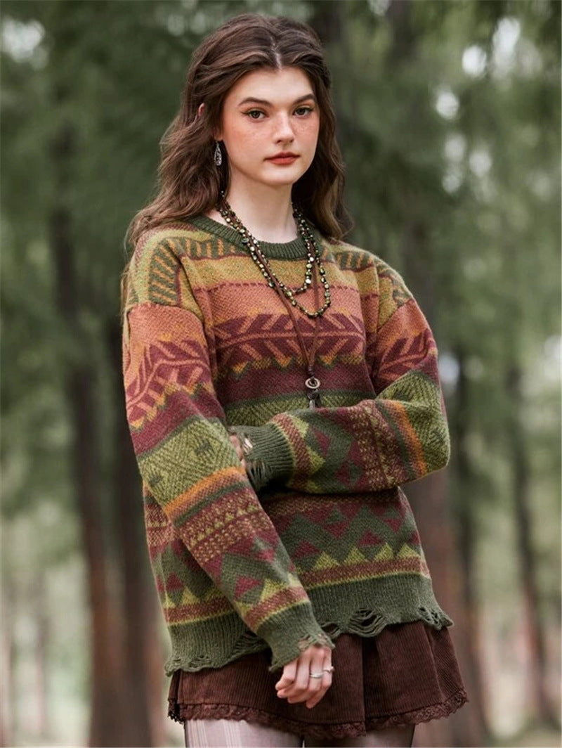 Geometric Pattern Hole Knitted Long Sleeve Sweater