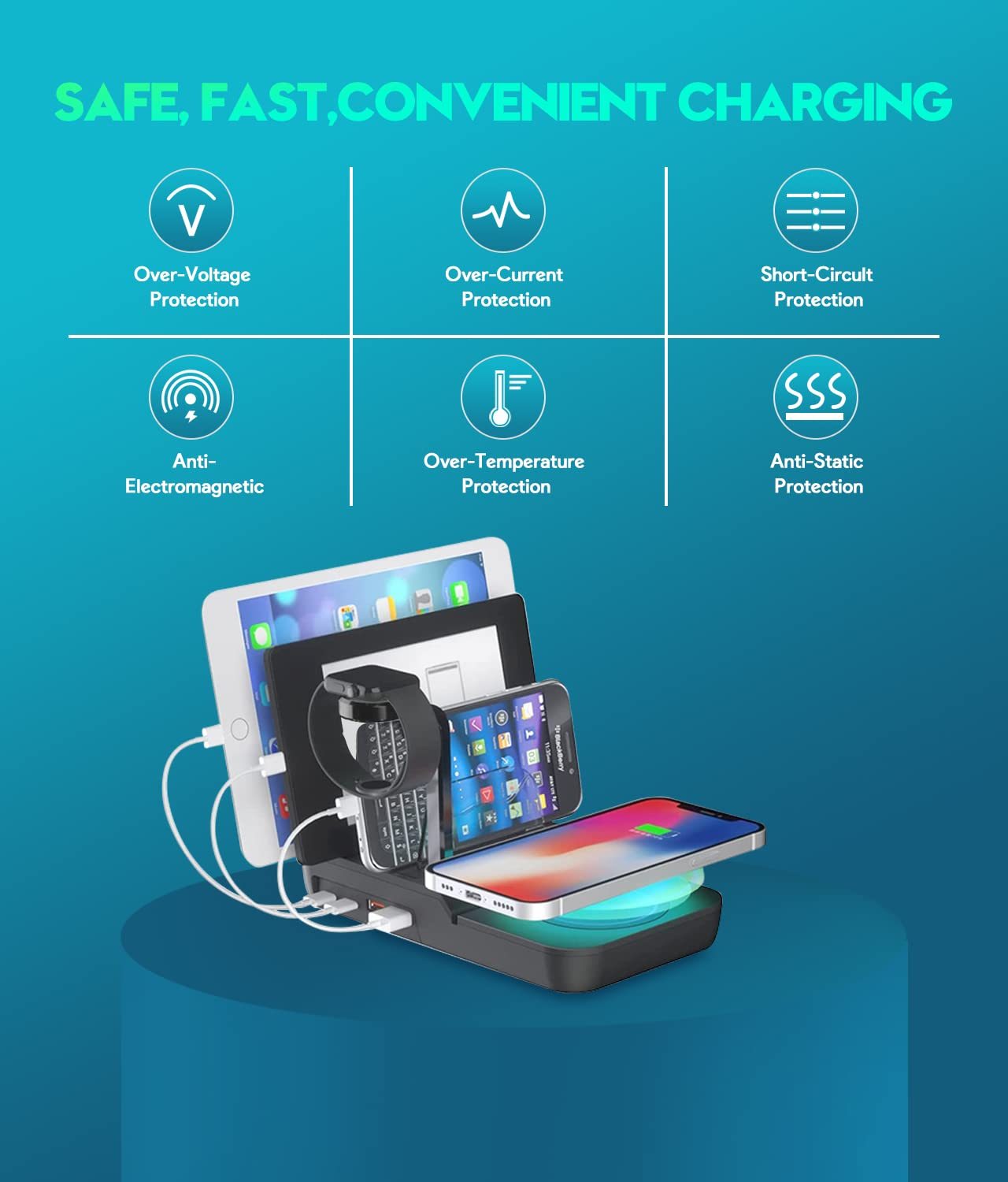 5 In 1 Fast Charging Dock With 10W Max Wireless Charger And 4 Ports,70W Charging Station for Multiple Devices, 30W USB C PD Fast Charging for iPad, IPhone,Tablets,Kindle