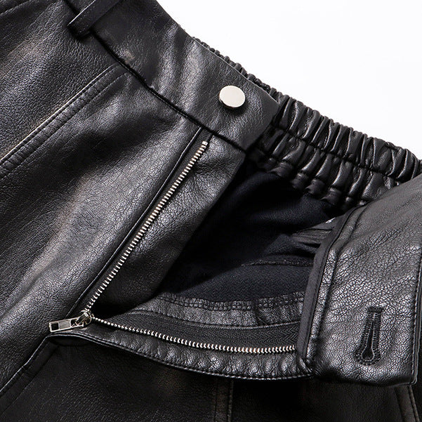 High Waist Loose Leather Overalls Casual Straight-leg