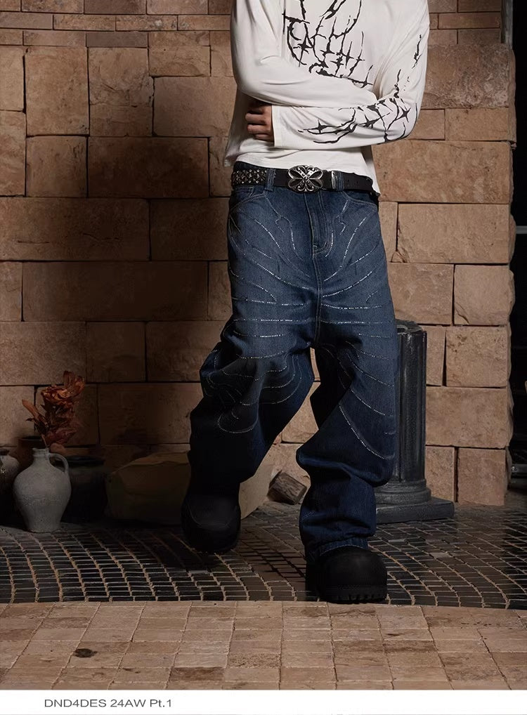 Design Washed Distressed Laser Cat Beard Starry Rhinestone Hot Drilling Loose Wide Leg Jeans for men