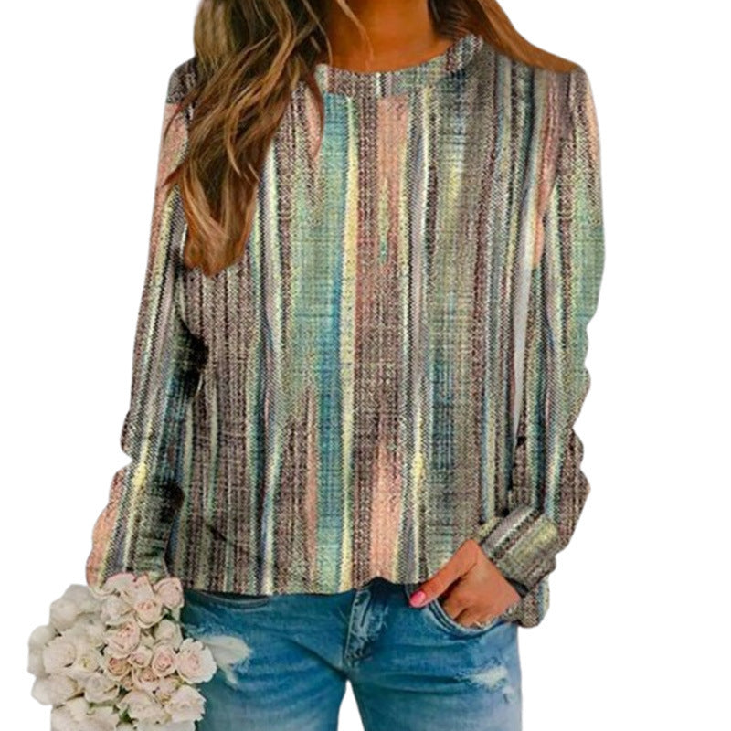 Casual Colorful Stripes Round Neck Loose Top