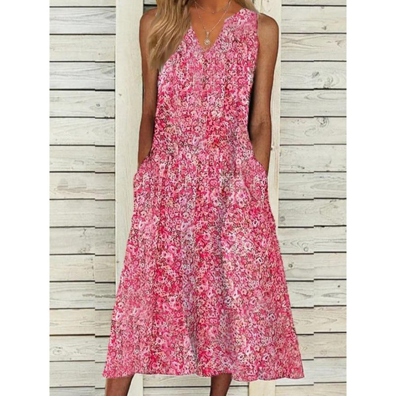 V-neck Floral Long Loose Sleeveless Women's Clothing Dress