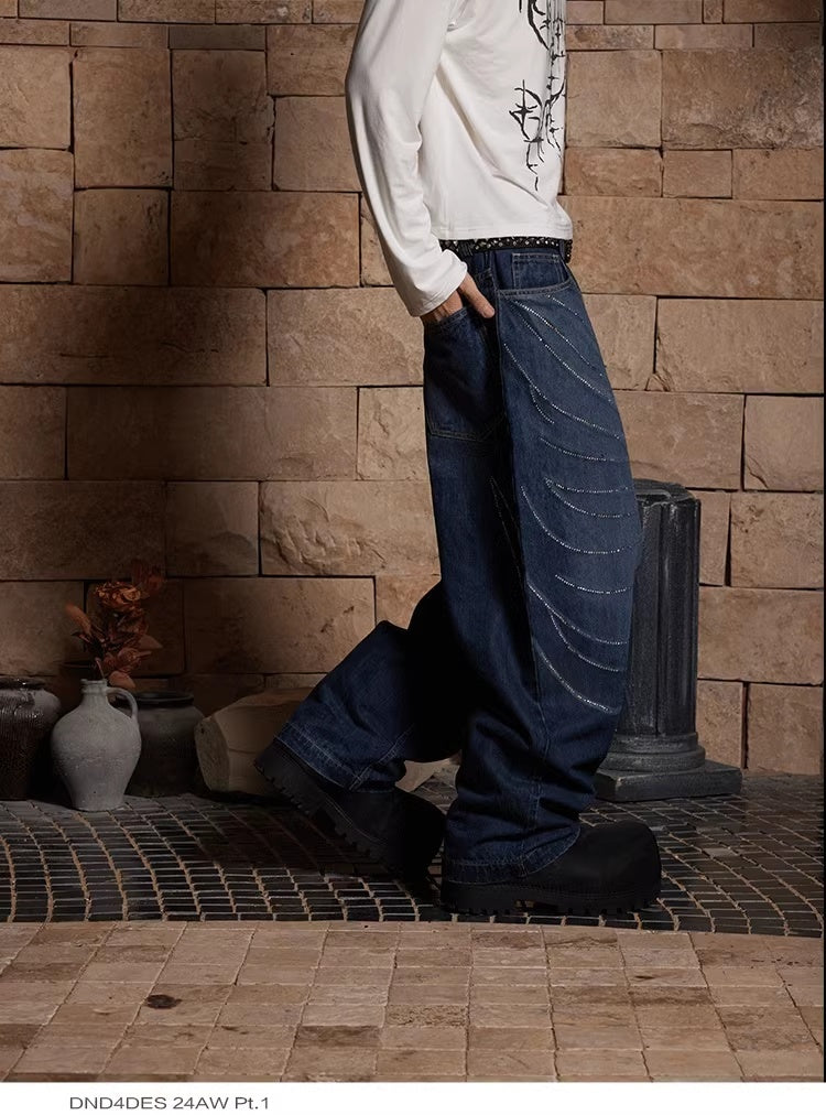 Design Washed Distressed Laser Cat Beard Starry Rhinestone Hot Drilling Loose Wide Leg Jeans for men