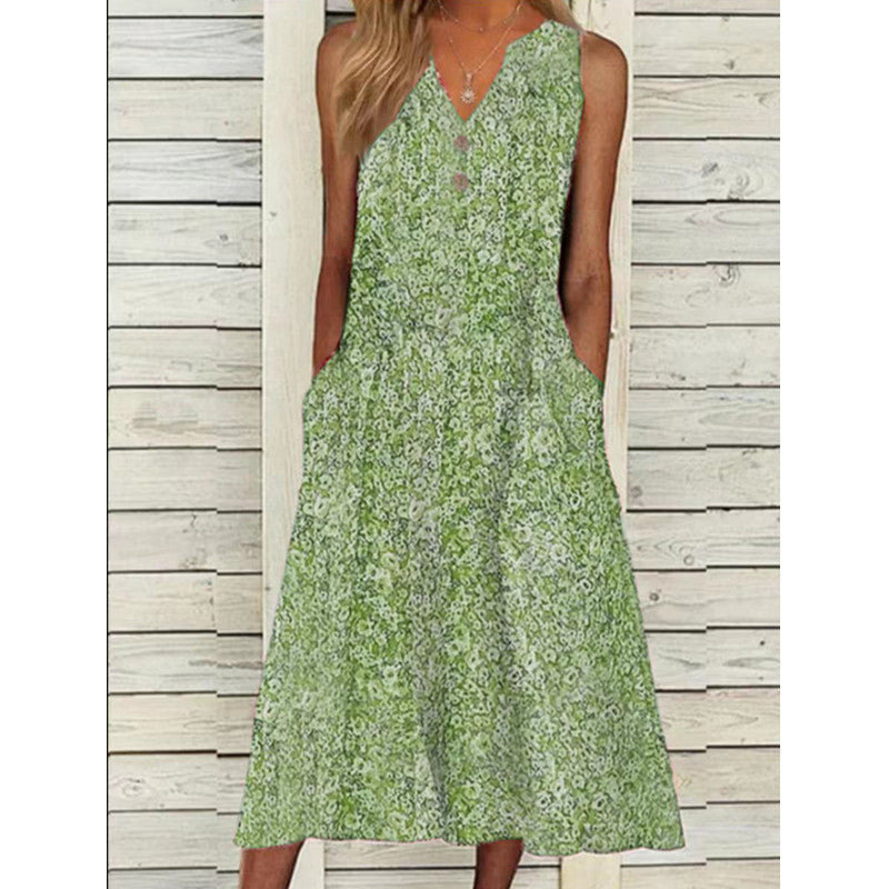 V-neck Floral Long Loose Sleeveless Women's Clothing Dress