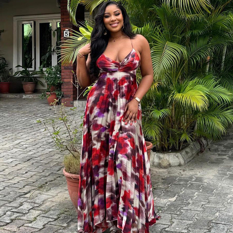 Women Printed Pleated Suspender Long Skirt