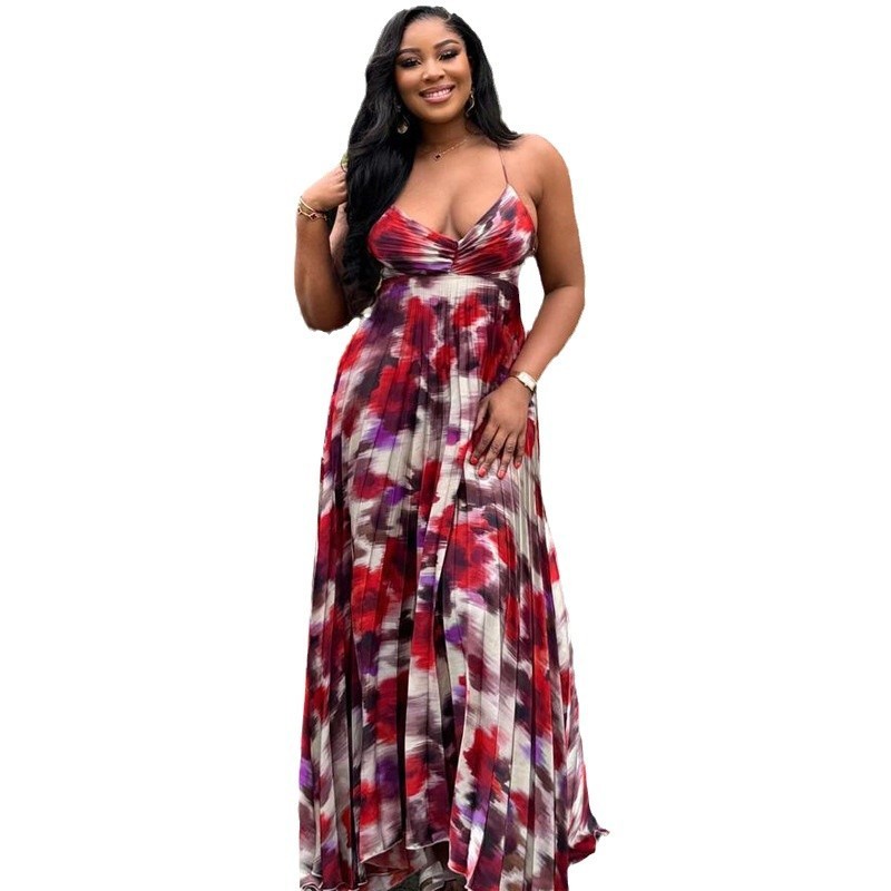 Women Printed Pleated Suspender Long Skirt