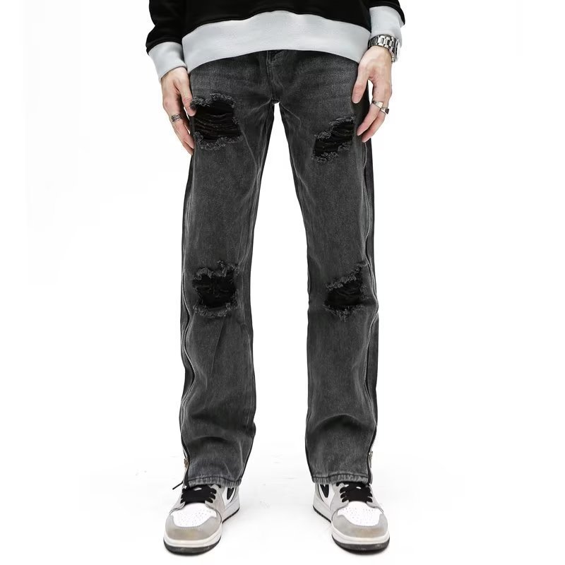 American Personality Jeans Zipper Worn Burrs Tassels Hip Hop Design Sense for men