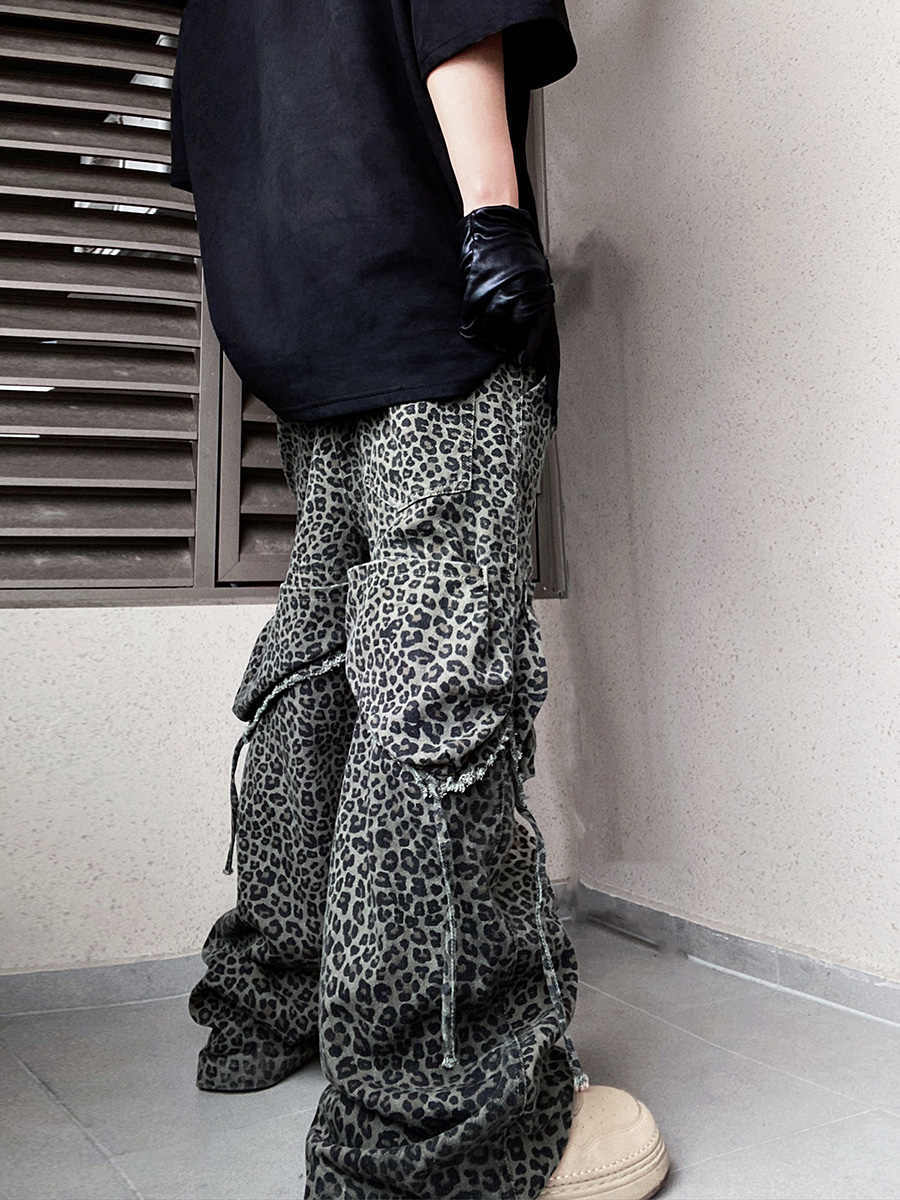 Loose Straight Slightly Flared Workwear Casual Wide Leg Mopping Leopard Jeans for men