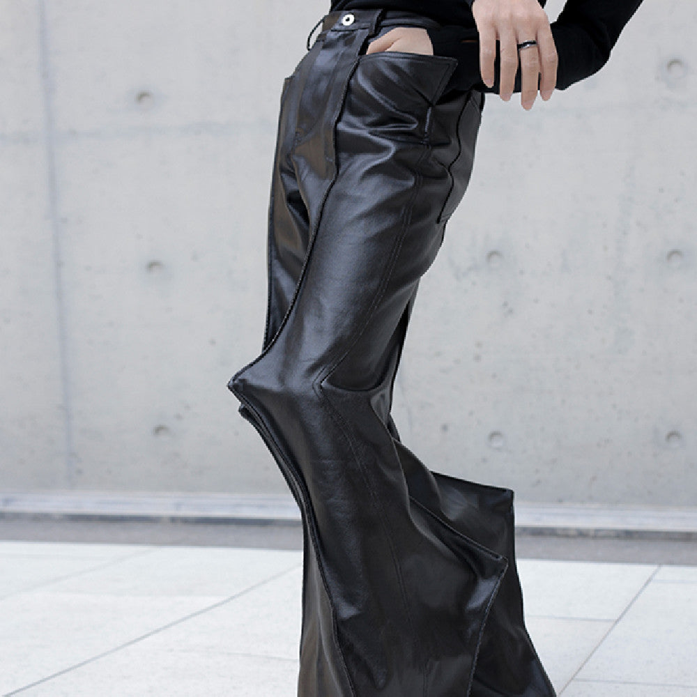 3D Cutting Spiked Coated Wax Surface Denim Casual Flared Pants for men