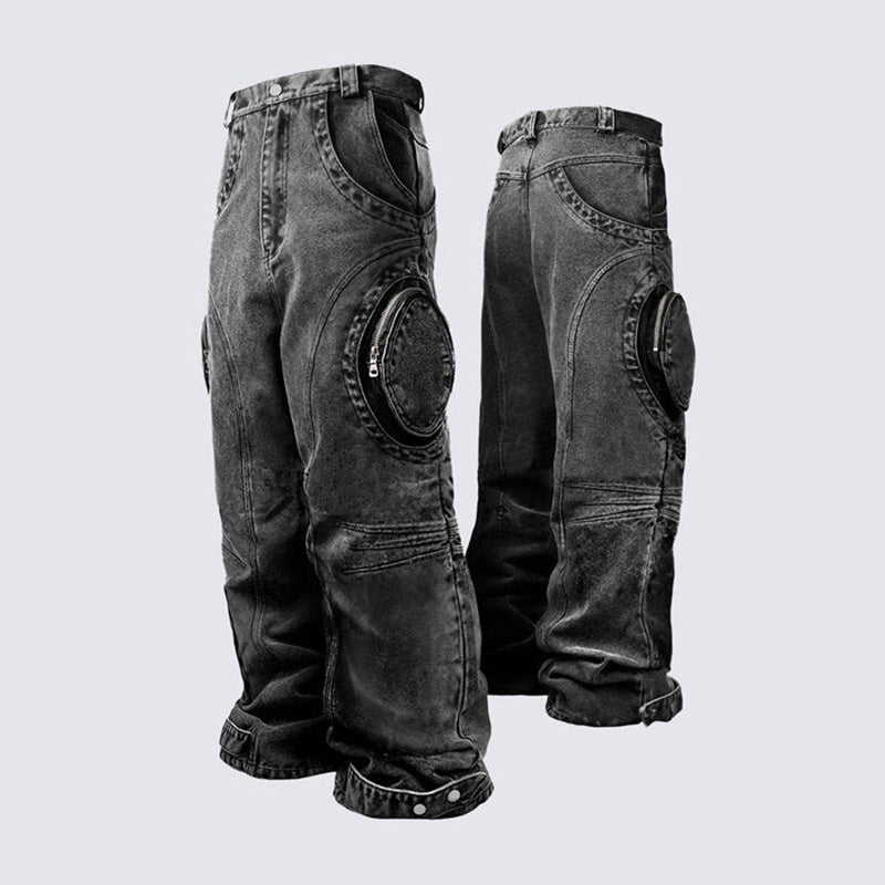 Black Ripped Design Zipper Pants Fashion Street Wind for men