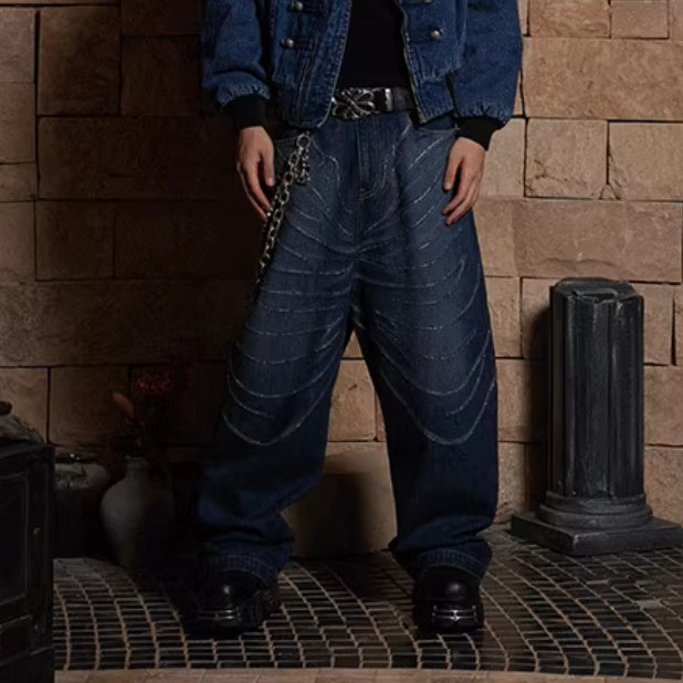 Design Washed Distressed Laser Cat Beard Starry Rhinestone Hot Drilling Loose Wide Leg Jeans for men