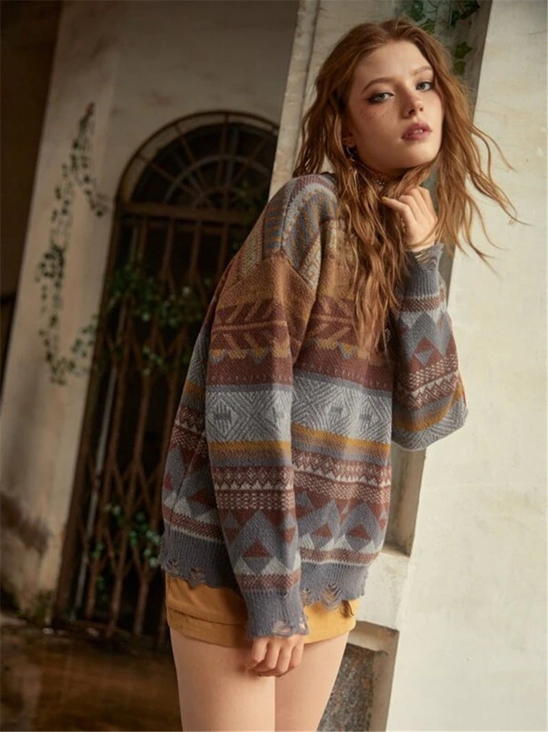 Geometric Pattern Hole Knitted Long Sleeve Sweater