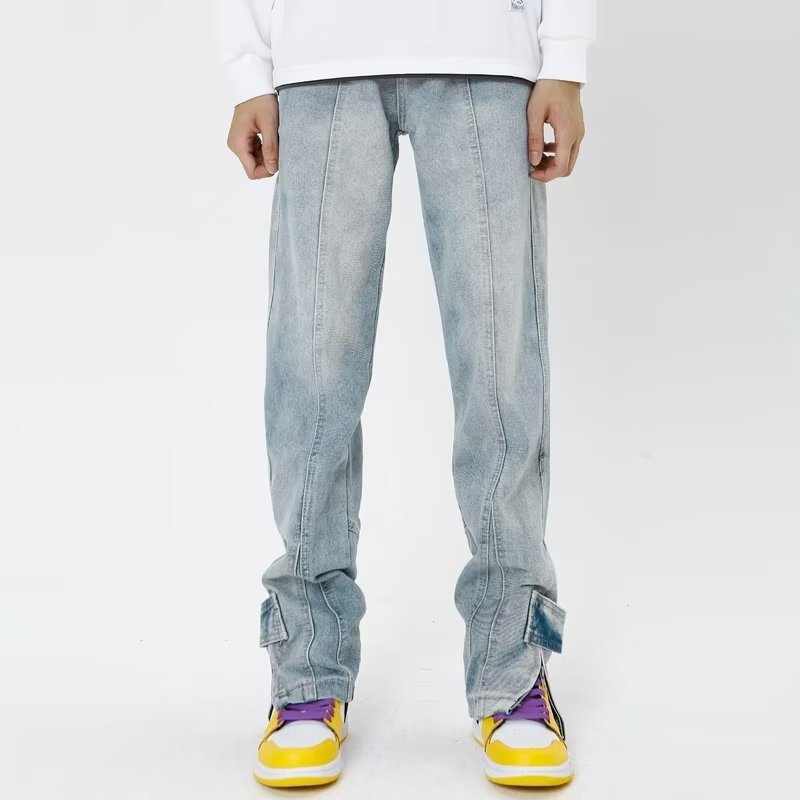 American Personality Jeans Zipper Worn Burrs Tassels Hip Hop Design Sense for men