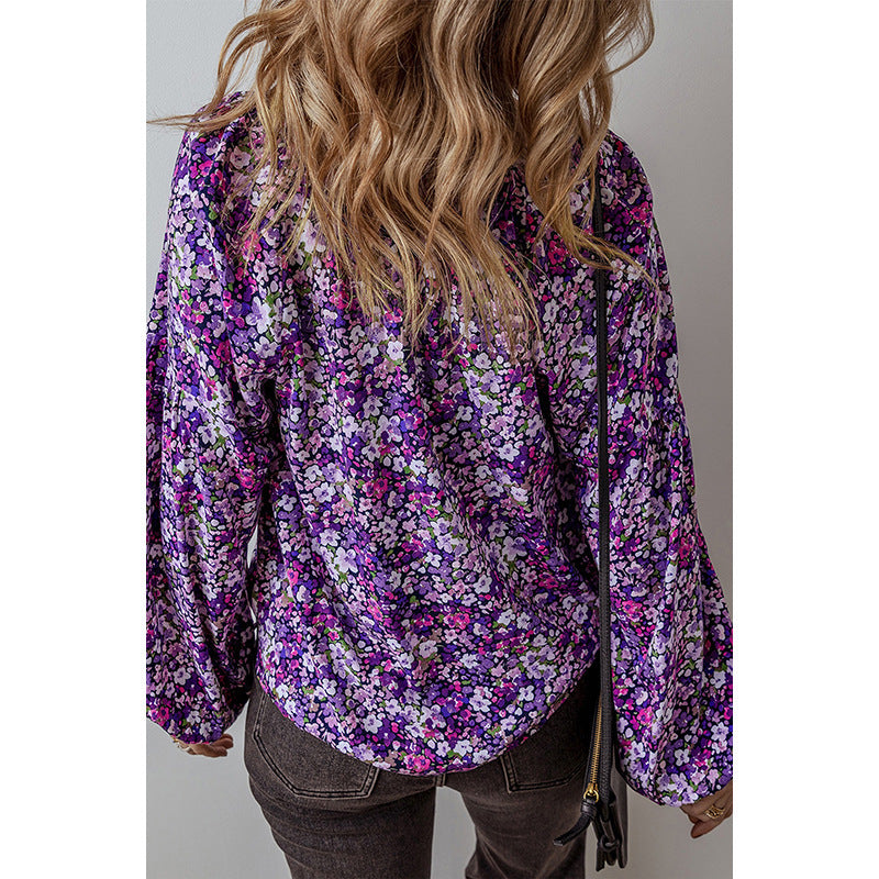European And American Fashion Flower Printed V-neck Pullover Chiffon Shirt Women