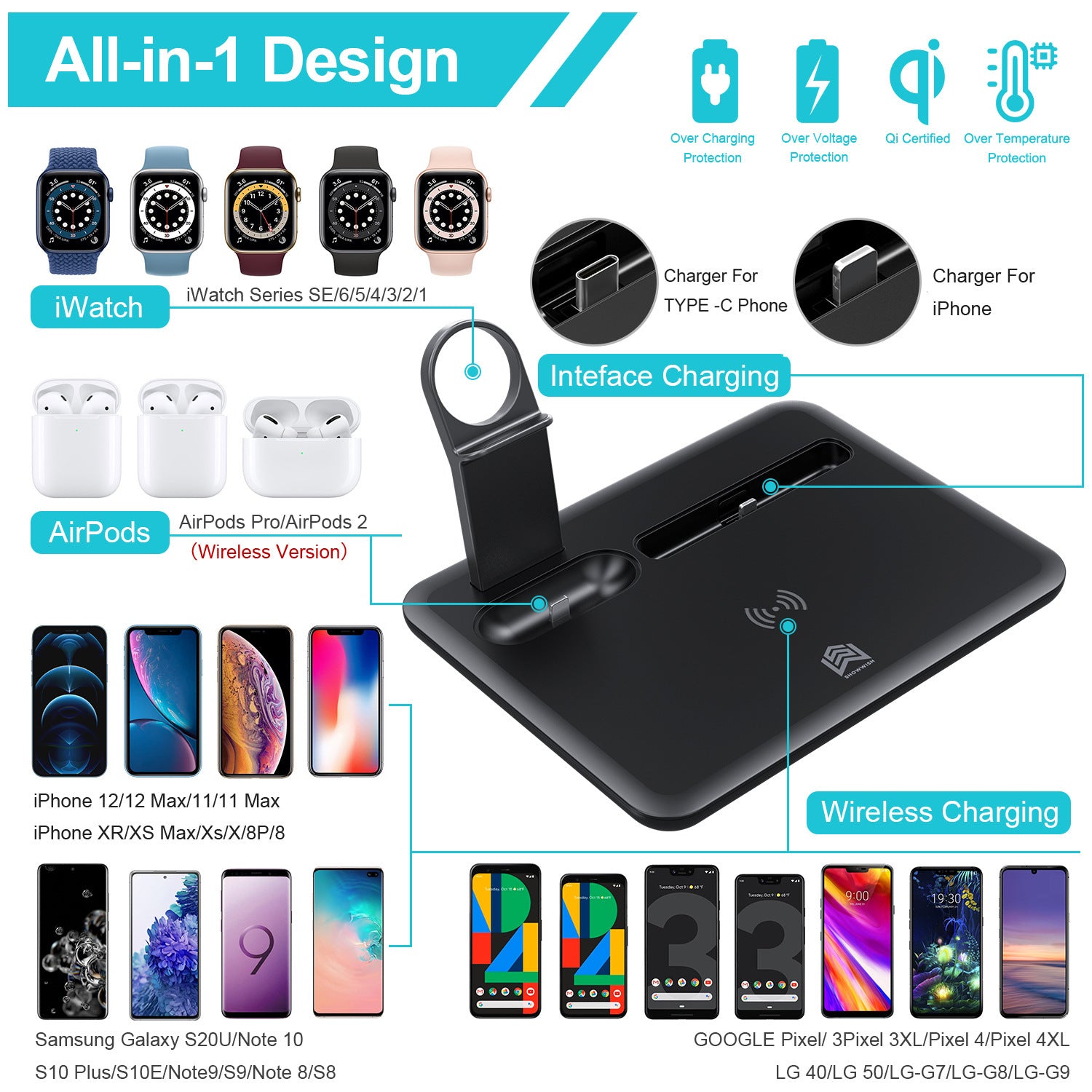 Wireless Phone Charger Watch Headphone Bracket Desktop, 4 in 1