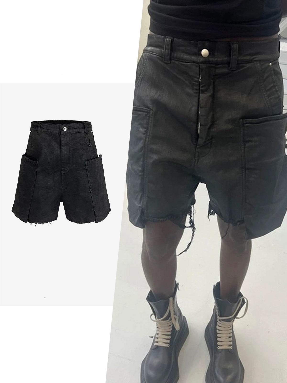 Men's Brush Wax Coating Burr Dark Overalls Denim Shorts
