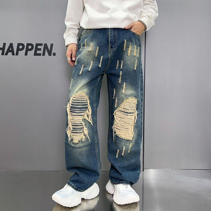 Loose Wide Leg Blue Washed Jeans for men