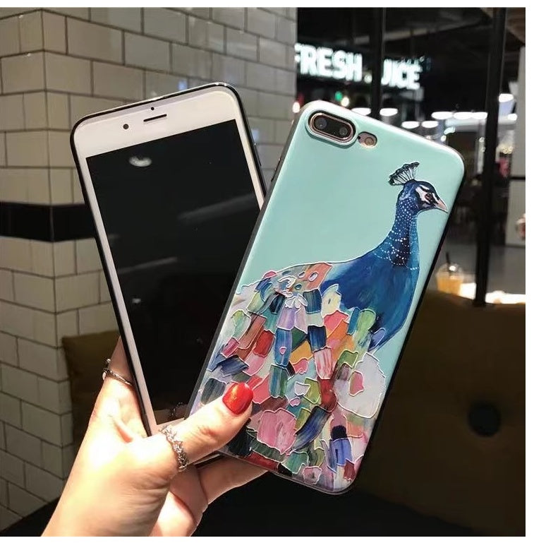 Compatible with Apple , Embossed Cartoon Peacock Mobile Shell Soft Cover