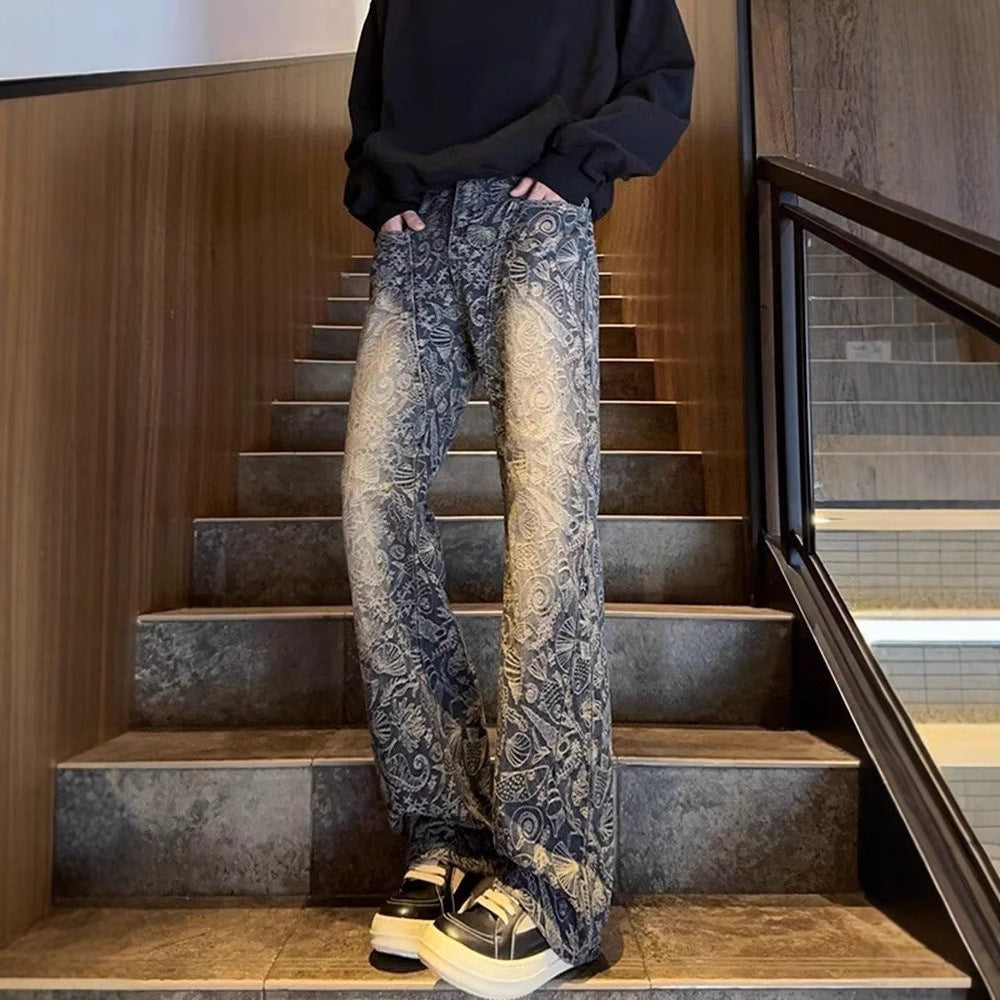 American-style Retro Blue Jacquard Jeans for men