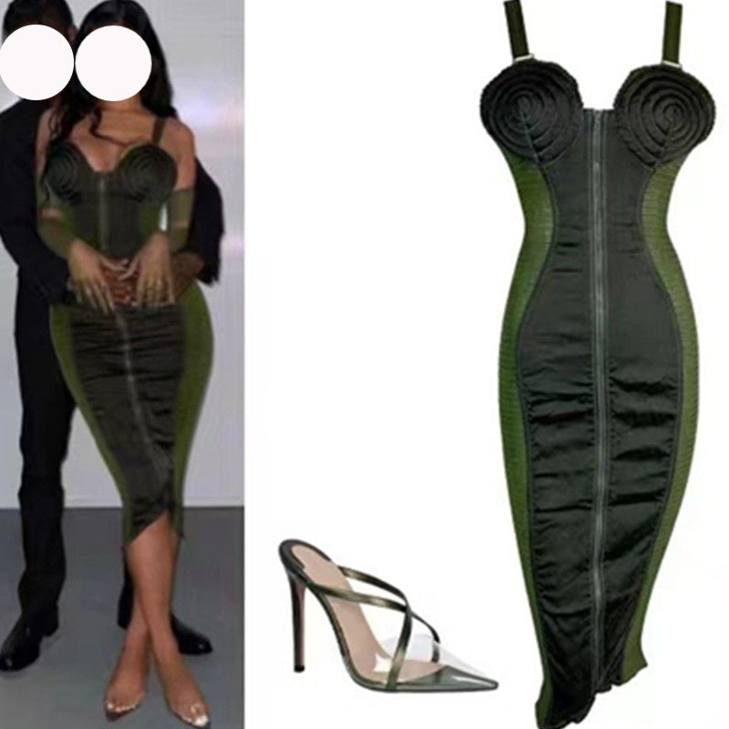 Army Green Sling Slim Temperament Dress for women