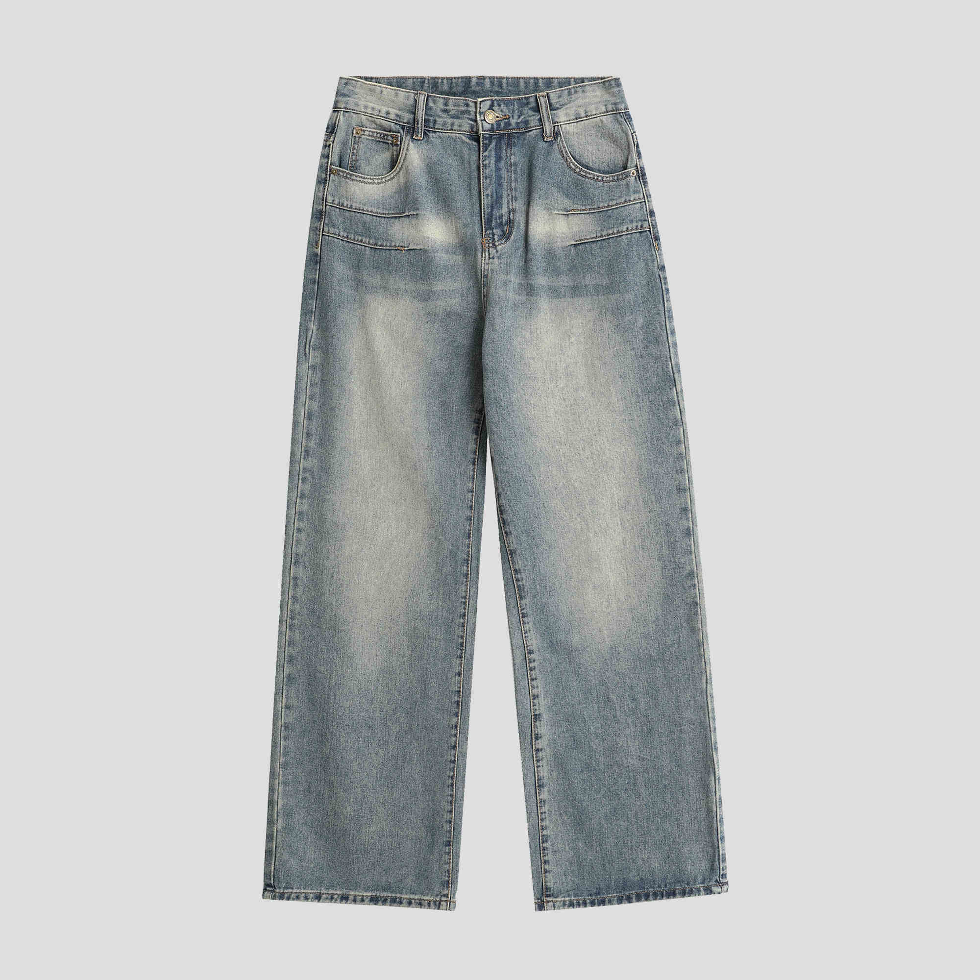 Worn Looking Washed-out Blue Jeans Loose Straight Trousers for men