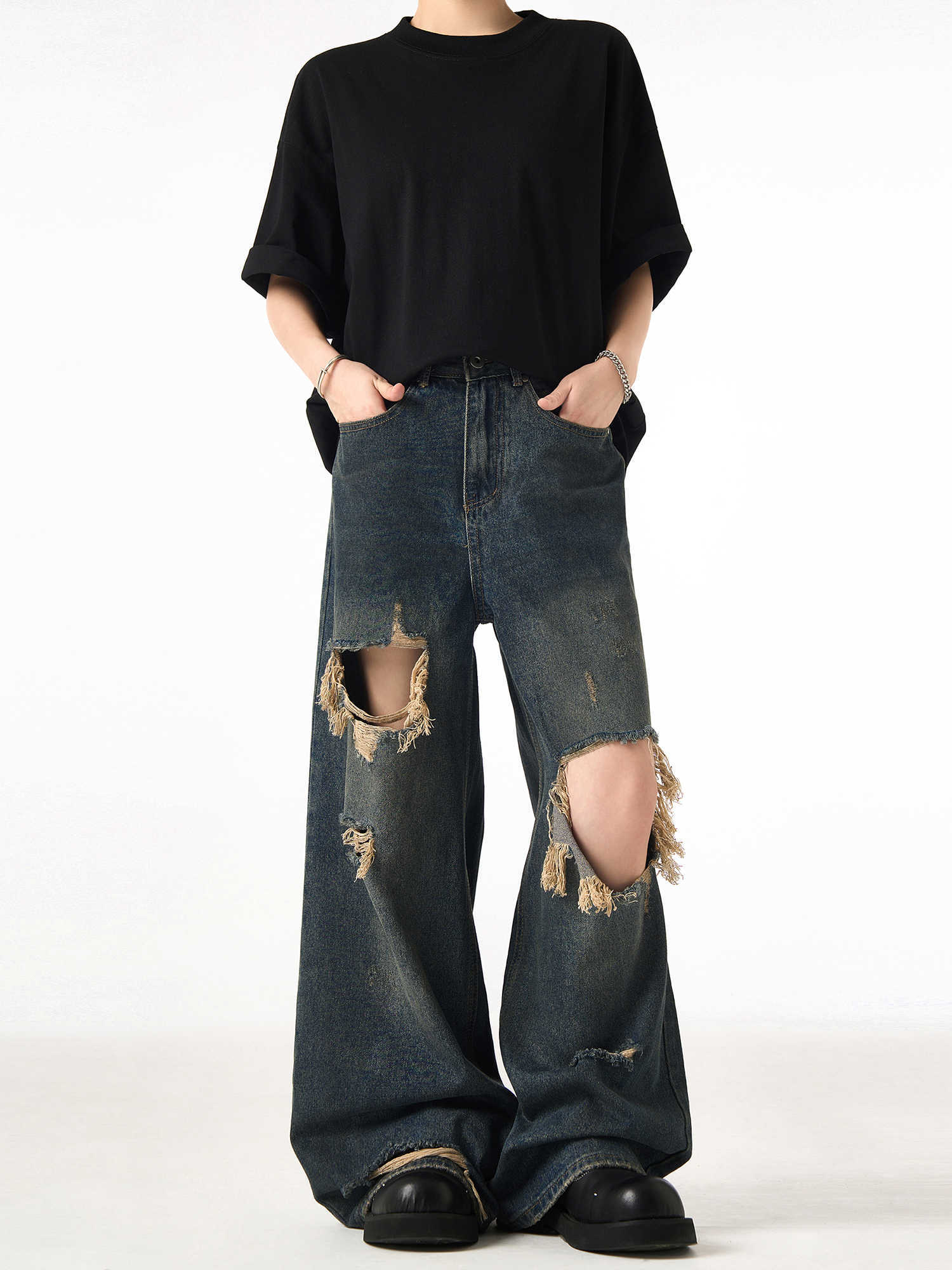 Couple Hole Worn Jeans Wide-leg Pants for men