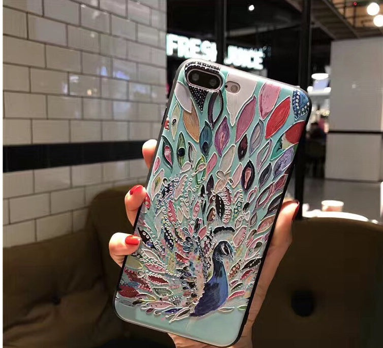 Compatible with Apple , Embossed Cartoon Peacock Mobile Shell Soft Cover
